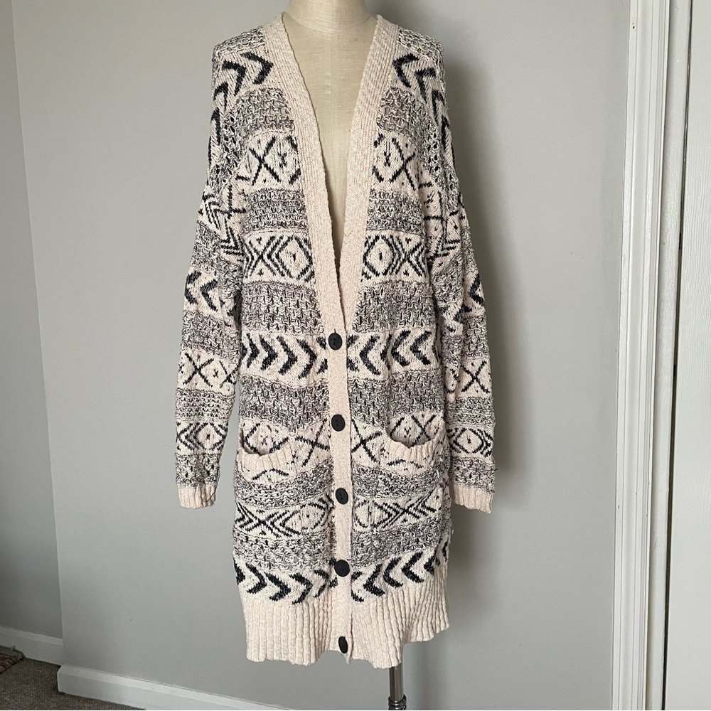 Ecote cream and black pattern long cardigan sweater size M